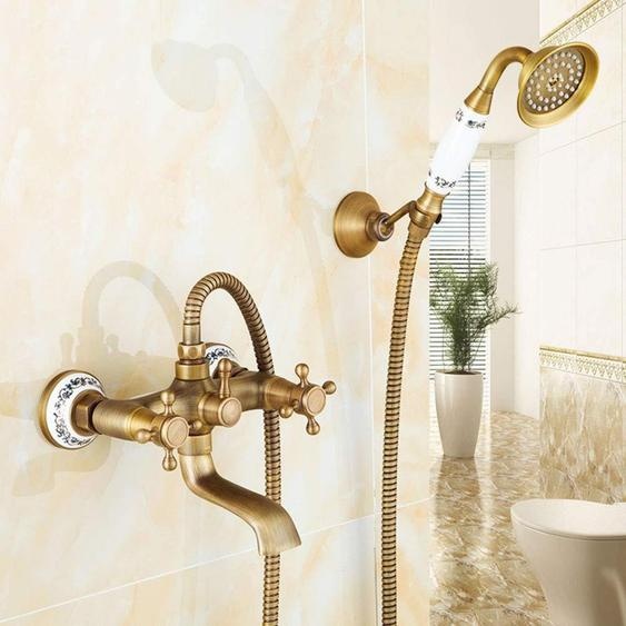Robinet de douche avec douchette manuelle, en laiton, style antique, bleu et blanc, avec des poignées en forme de croix, longueur de 150 mm