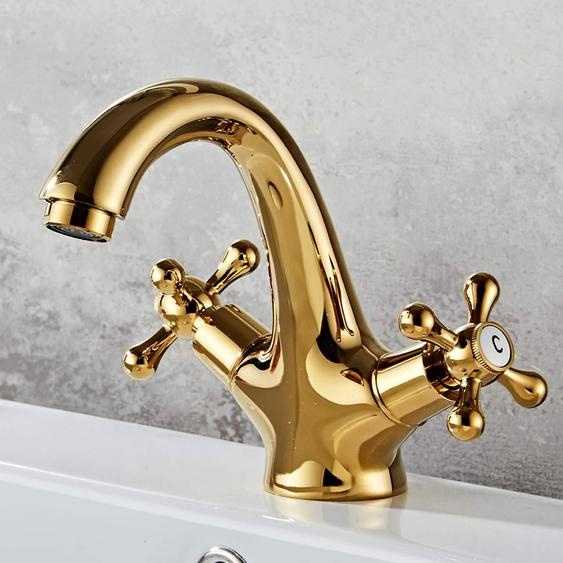 Robinet de lavabo de style antique, en laiton doré, à deux poignées, avec des boutons en forme de croix