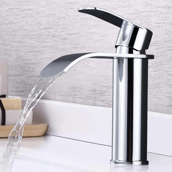 Robinet de lavabo design cascade, chromé, en acier inoxydable, à levier unique, très silencieux