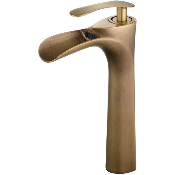 Robinet de lavabo en laiton vieilli, avec bec en cascade, pour installation sur un seul trou