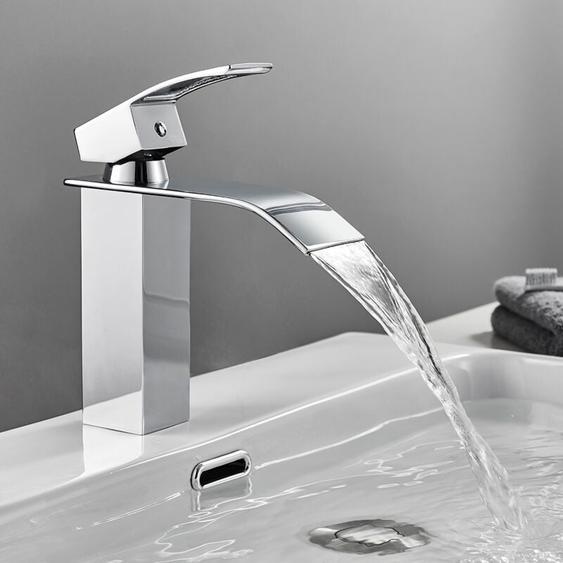 Robinet de Salle de Bain Robinet Cascade Mono-trou Mitigeur sur Lavabo Robinetterie Lave-mains avec Levier Unique en Cuivre Mélangeur à lEau Chaude