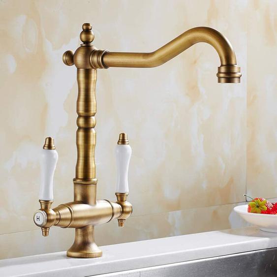 Robinet Mitigeur Cuisine Vintage Robinet de Lavabo Rétro 2 Poignées Réglable Chaude et Froide Rotatif 360° Bronze