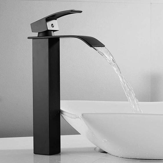 Cecipa - Robinet Noir Cascade avec Haut Bec - Mitigeur Lavabo Haut Mono-trou - Robinetterie Lave-mains avec Levier Unique en Cuivre - Mélangeur lEau