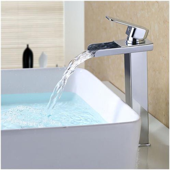 Robinet Salle de Bain Cascade Mitigeur de Lavabo Bec Haut pour Vasque Robinet Lavabo Corps en Acier Inox Chromé Design Moderne
