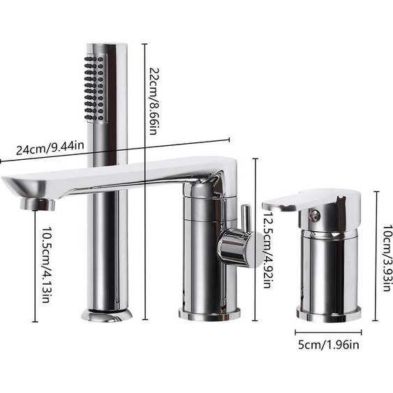 Robinetterie de baignoire - Mitigeur avec douchette à main - Bec pivotant à 360° - Flexible de 60 à 80 cm - Design moderne - Argent