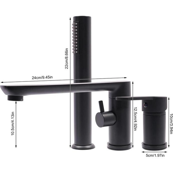 Robinetterie de baignoire - Mitigeur avec douchette - Cuivre - Bec pivotant à 360° - Flexible 60–80 cm - Noir
