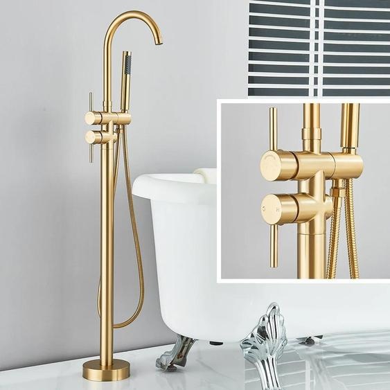 Robinetterie de baignoire - Robinetterie sur pied - Avec douchette - Bec pivotant à 360° - Mitigeur monocommande - Eau chaude/froide - Cartouche céramique - Or brossé