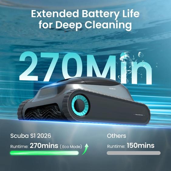 Robot de nettoyage de piscine - Scuba S1 - Rénové - Pour piscines intégrées - Nettoyage des parois et de la ligne deau - Autonomie de 270 minutes - Étanchéité IPX8 - Couleur : gris