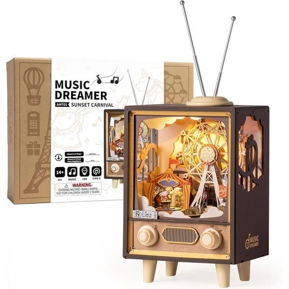 Robotime Boîte à musique en bois, Kits de modélisme 3D DIY, Book Nook DIY Veilleuse pour hommes et femmes, thème Coucher de soleil Parc dattractions