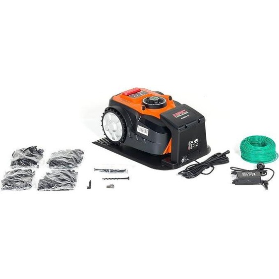 Robots tondeuses pour surfaces jusquà 800 mètres carrés, largeur de coupe de 18 cm, hauteur de coupe de 20 à 60 mm, moteur sans balais, 28 V, modèle RLM800-NG, couleur noir et orange