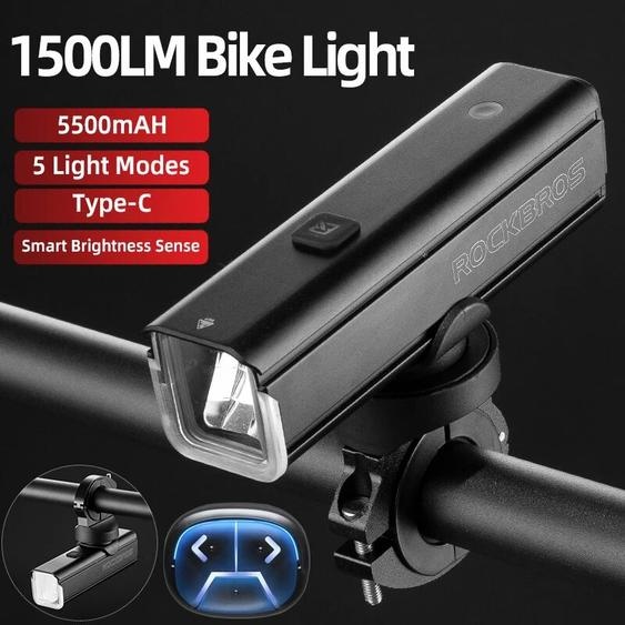 ROCKBROS 1500LM vélo lumière 5500mAH sens intelligent vélo avant lumière en aluminium vtt route lampe à LED phare cyclisme Flash lumière