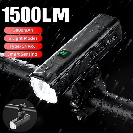 ROCKBROS lumière de vélo 1500LM5000mAh type-c lumière de vélo contrôle de température IPX6 aluminium lumière LED lampe avant phare de cyclisme
