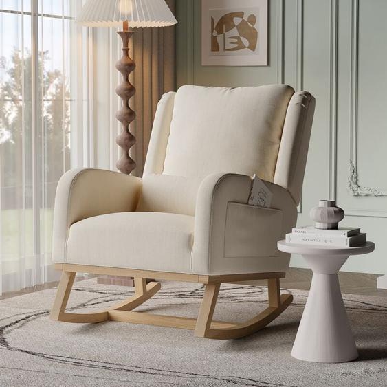 Rocking chair, avec poche latérale, dossier haut, coussin lombaire, dossier capitonné en lin, accoudoirs, cadre en bois, pour lallaitement - Beige