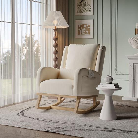 Rocking chair, Fauteuil à Bascule Confortable en Tissu - Fauteuil confortable avec poches latérales, Style Scandinave, Dossier rembourré - Beige