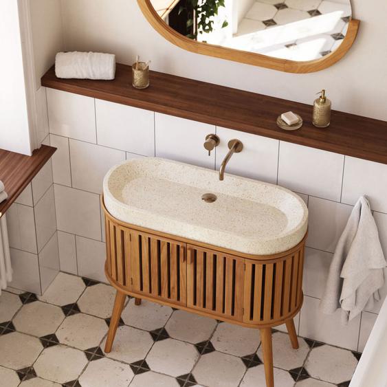 Rokia - Meuble de salle de bain 2 portes en bois avec vasque en terrazzo 90x80cm - Couleur - Bois clair