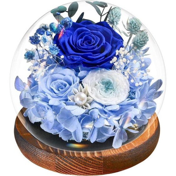 Rose bleue éternelle dans un vase lumineux | Fleurs conservées | Coffret cadeau | Décoration et cadeau | Forme ronde, couleur bleue