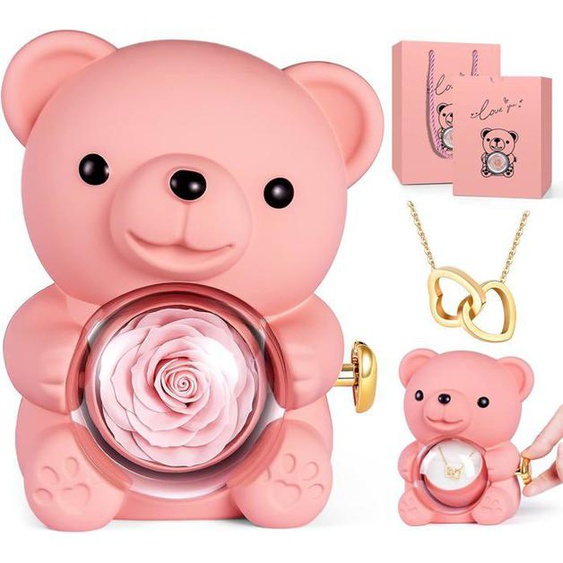 Rose Eternelle avec Collier I Love You, Nounours Ours en Rose Idee Cadeau pour Femme Mère Maman Amie, Cadeau Fete des Meres, Rose