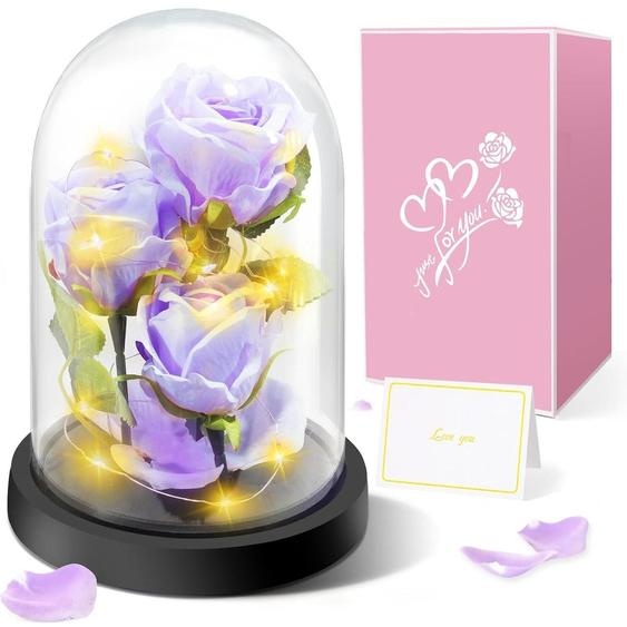Rose éternelle dans un vase avec des lumières, 3 roses violettes, cloche en verre, cadeau pour femmes, fête des mères, Saint-Valentin