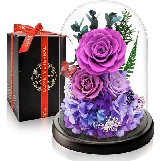 Rose éternelle dans un vase avec éclairage LED, couleur violette, hauteur 20 cm