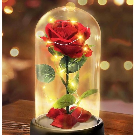 Rose éternelle dans un vase avec éclairage LED, rose en soie rouge, cadeau pour la fête des mères, cadeau pour la Saint-Valentin, dimensions : 11,5 cm de largeur x 24 cm de hauteur