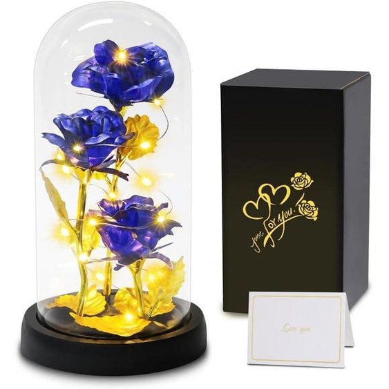 Rose éternelle dans un vase lumineux, rose galaxie, cadeau pour femmes, fête des mères, anniversaire, mariage, couleur bleu ciel