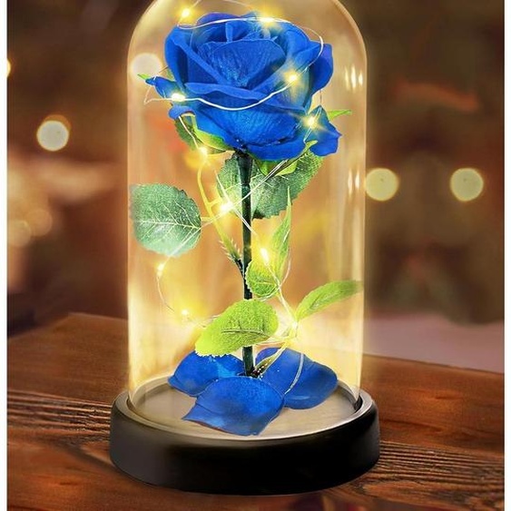 Rose éternelle dans un vase, rose en soie bleue, cloche en verre, cadeau pour femmes, fête des mères, Saint-Valentin