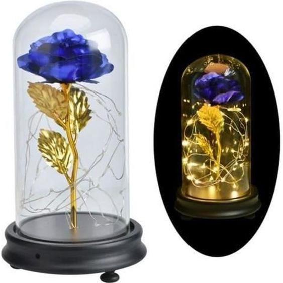 Rose éternelle LED Belle et la bête - Or et bleu - Chambre - Feuille dor rose + bois et verre