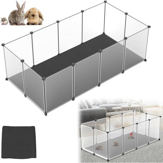 ROSEJANE, enclos extérieur pour petits animaux et chiots, 12 pièces, parc modulable avec panneaux de sol et tapis imperméable, 143 x 73 x 46 cm, transparent