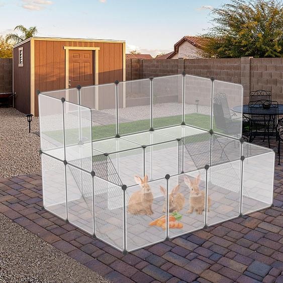 ROSEJANE, enclos extérieur pour petits animaux et chiots, 26 pièces, parc modulaire en plastique à 2 niveaux, dimensions : 143 x 108 x 93 cm, avec escaliers et maillet de montage, couleur : blanc