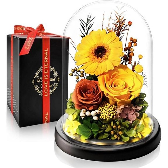 Roses éternelles et gérberas dans un vase avec éclairage LED, couleur jaune orangé