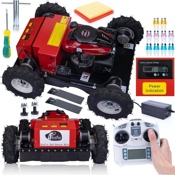 Rosfix Robot de Débroussaillage Red Hunter Mini – Télécommandé, 7,6CV 196cc, 4x4 | Largeur 550mm, Hauteur Réglable | Essence | Pour Terrain Difficile | CE