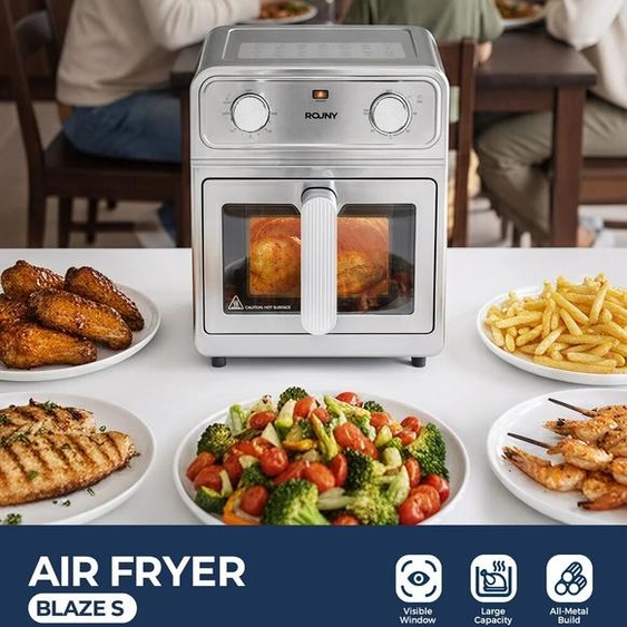 ROUNY Four à friture sans huile tout en acier inoxydable avec fenêtre de visualisation, commande classique par bouton rotatif 80-200 ℃   Cuisson sans rotation à double chauffage, format familial