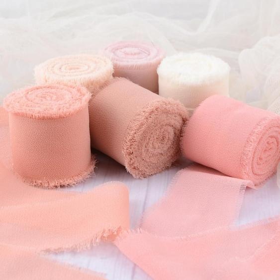 Rubans mousseline rose clair 6 rouleaux - Ruban de soie avec franges - Bords effilochés pour mariage, invitation, bouquet de mariée et projets de bricolage