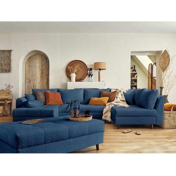 Rune - canapé panoramique dangle droit - 7 places - avec pouf dappoint - en tissu bouclette
