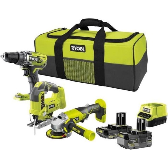 Kit doutils sans fil RYOBI, Perceuse-visseuse R18DD3, Meuleuse 115 mm, Scie sauteuse, 2 Batteries 4 Ah & 2 Ah, Chargeur, Sac