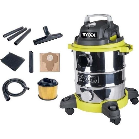 Aspirateur Eau et Poussière RYOBI, 1250 W, Cuve Inox 20 L, Dépression 20,5 kPa, RVC-1220I-G