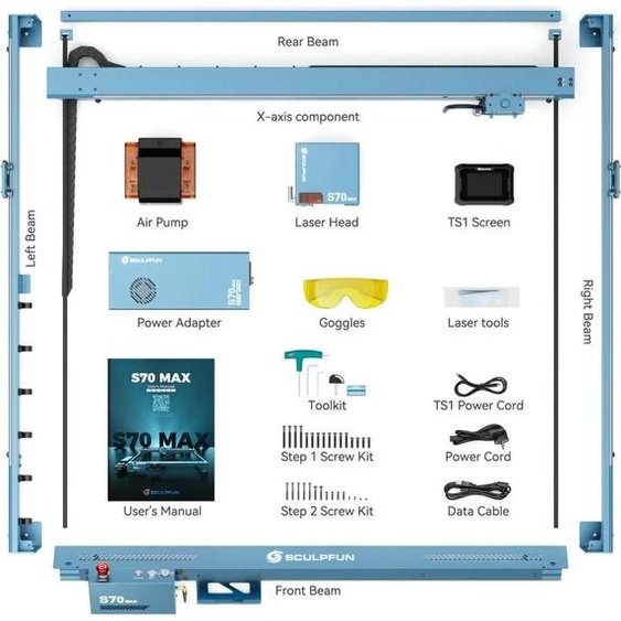 S70 MAX - Graveur et découpeur laser - Vitesse de 36 000 mm/min - Point laser de 0,15 × 0,12 mm - Zone de travail de 830 × 800 mm - Prise UE - Vert