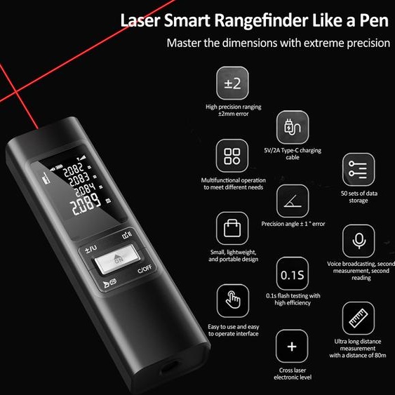 S80 Laser Distance Meter 80M Handheld Rangefinder ��2mm High Precision Digital Mini Distance Measuring Meter Indoor Rechargeable Electronic Space Measurement Device for Length Area Volume with Aluminium alloy Shell, 0.1s Measuring Speed