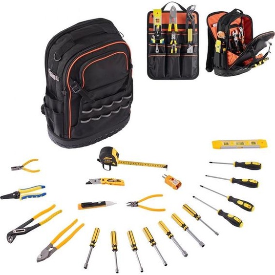 Sac à dos à outils optimisé - Backpack avec 65 poches et un set doutils complet - Sac à outils professionnel pour les artisans et les bricoleurs