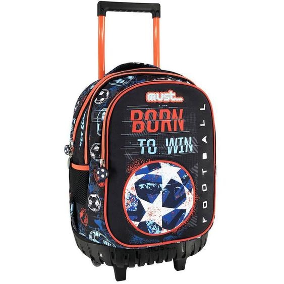 Sac À Dos Trolley Garçon Football Born To Win Avec Base Plastique Moulée 45 Cm Noir / Orange / Bleu