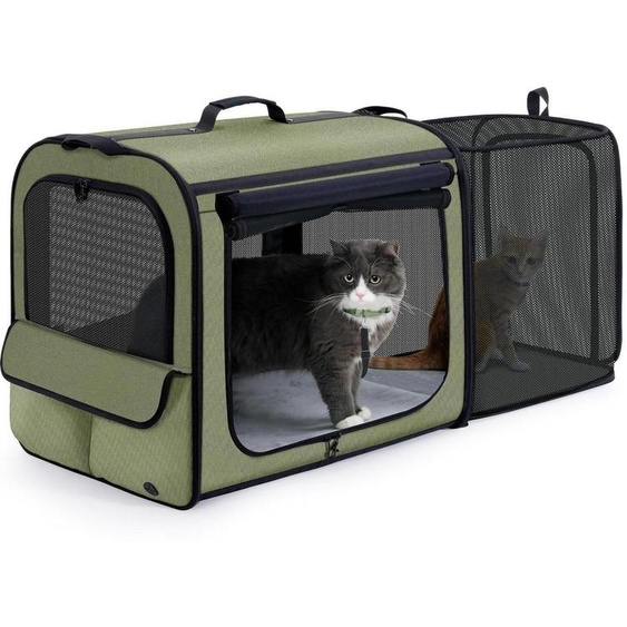 Sac de transport pliable pour chats, extensible, de couleur gris foncé/vert foncé, dimensions : 61 x 52 x 45 cm