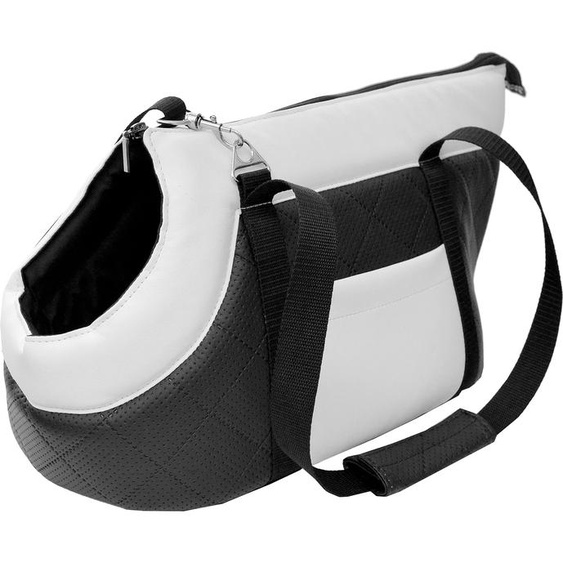 Sac de transport pour chiens et chats | Sac à bandoulière pour animaux de compagnie avec sangle élastique et mousqueton | jusquà 10 kg | Cuir synthétique M Noir et blanc