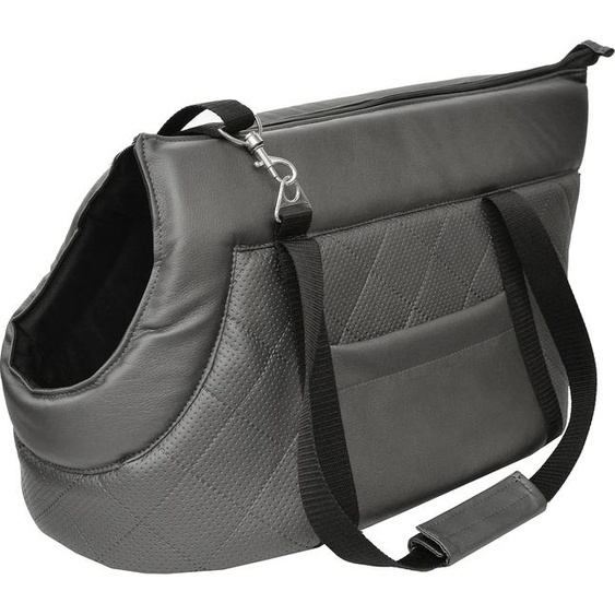 Sac de transport pour chiens et chats | Sac à bandoulière pour animaux de compagnie avec sangle élastique et mousqueton | jusquà 10 kg | Faux cuir | M | Gris métallisé