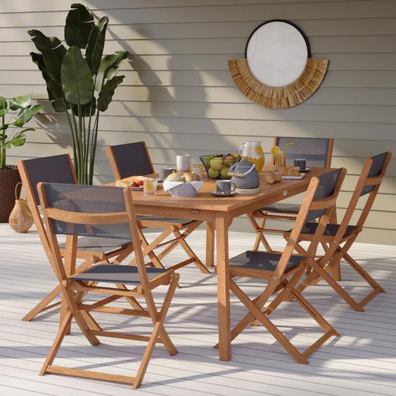 Saima - Ensemble de jardin 1 table extensible et 6 chaises en bois deucalyptus - Couleur - Gris