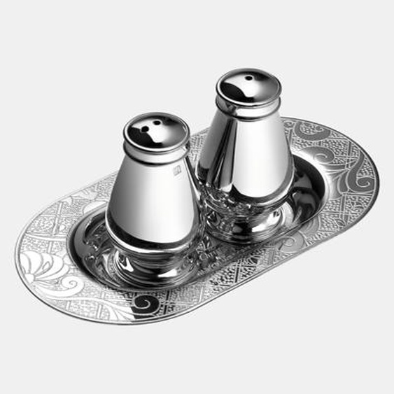 Salière et poivrière sur plateau en métal argenté - JARDIN DEDEN