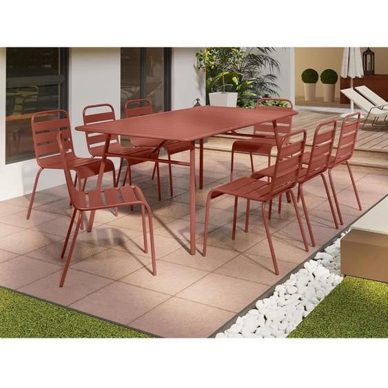 Salle à manger de jardin en métal - une table L.200 cm et 8 chaises empilables - Terracotta - MIRMANDE de MYLIA