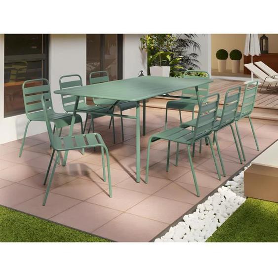 Salle à manger de jardin en métal - une table L.200 cm et 8 chaises empilables - Vert amande - MIRMANDE de MYLIA