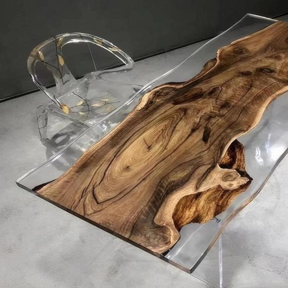 Salle à manger Table en époxy Designer Plateau transparent Bois de noyer