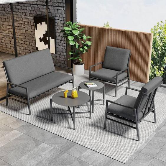 Salon bas de jardin 4 places Canapé Fauteuil et table basse ronde avec coussins pour extérieur jardin balcon - gris