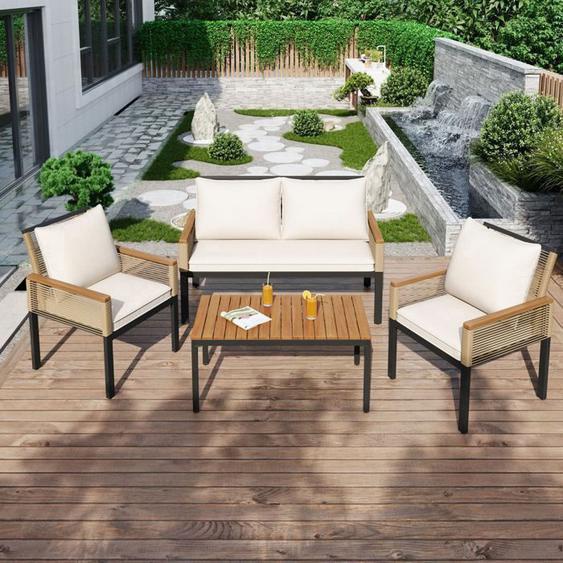 Salon bas de jardin Canapé de jardin Fauteuil avec table basse pour extérieur jardin cour - Beige